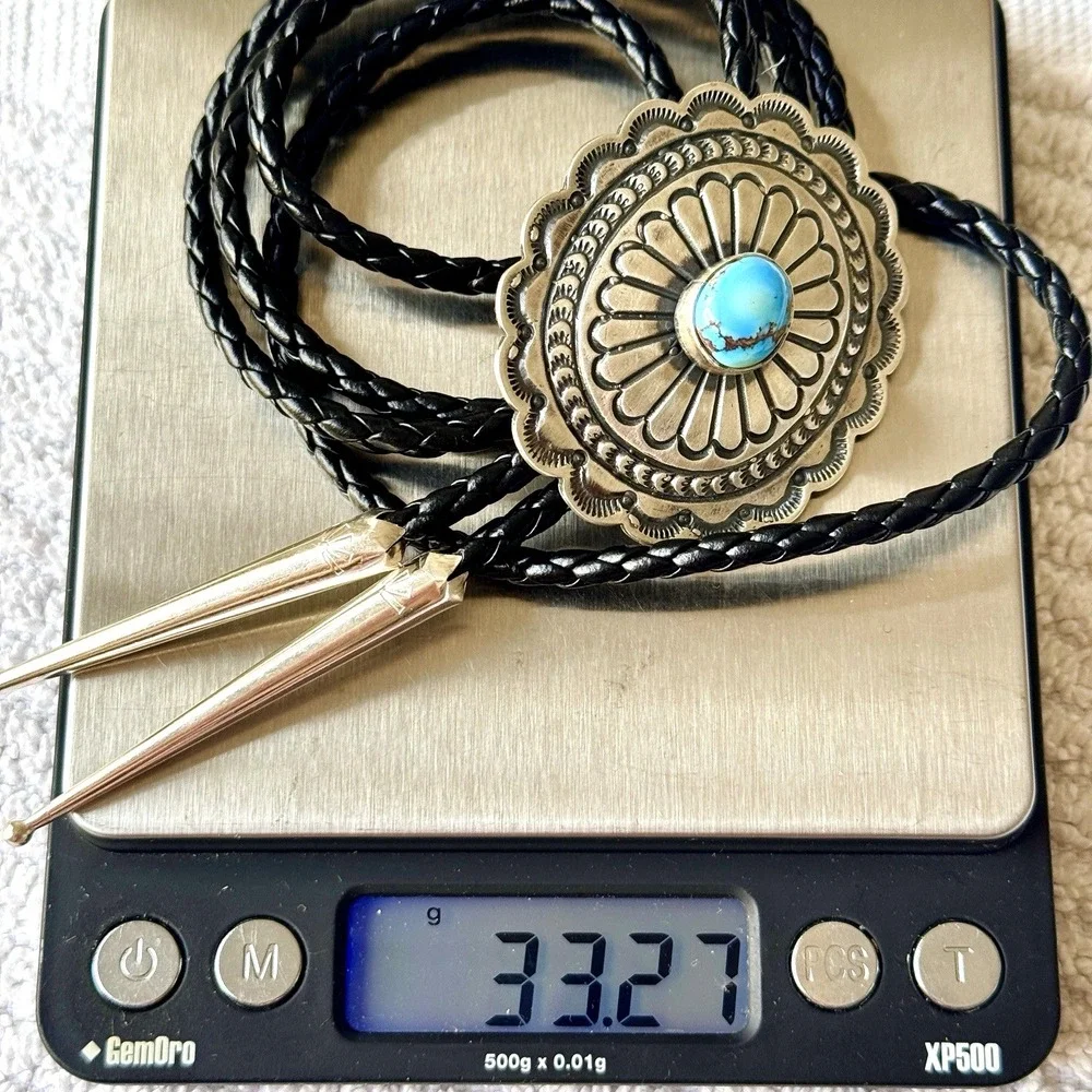 Navajo Golden‎ Hills Blue Turquoise Bolo Tie Sterling Signed TF Native American